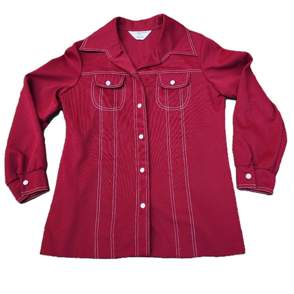 Vintage 1970's JCPenney Wide Lapel Collar Burgundy Red Button Up Jacket / Shirt,